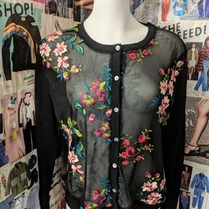 Nice rosebud embroidery sheer front Cardigan
